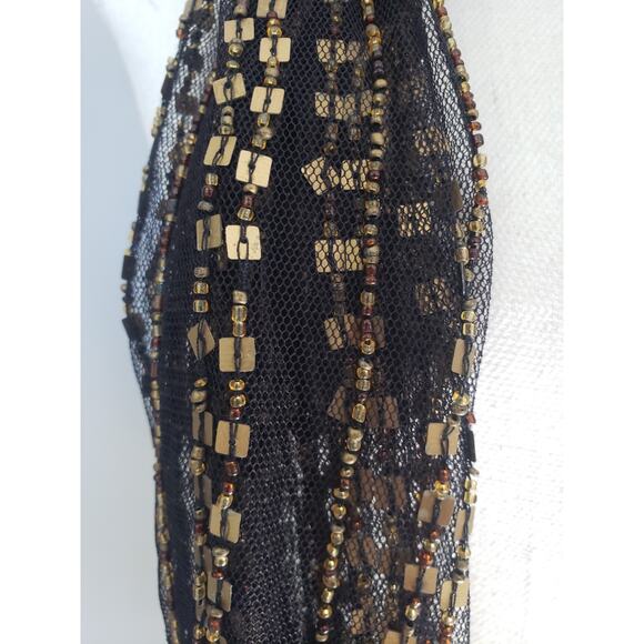 STUNNING‎ Sterling Styles Heavy Beaded Black Gold Mesh Scarf Vintage India - Picture 3 of 8